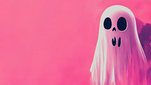 Minimalist pink ghost illustration with stylized flat shading.