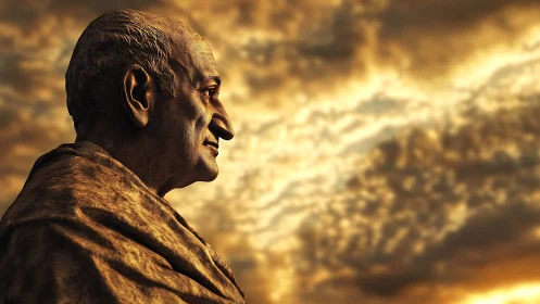 Aged stone bust profile rendered against dramatic golden cloudfield