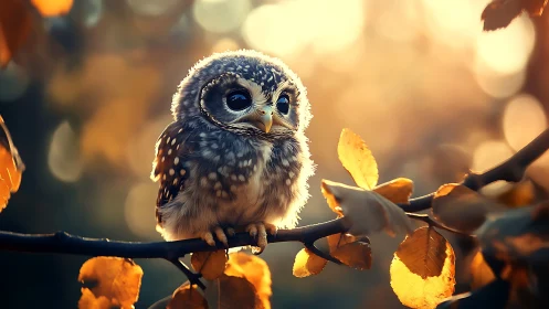 Adorable Baby Owl on Branch Amid Autumn Leaves in Soft Light.
