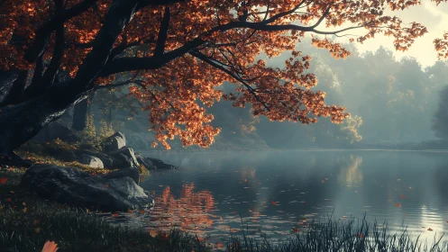 Autumn maple leans over still misty lake at sunrise.