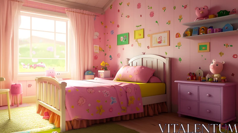 Whimsical pink children&rsquo;s bedroom under soft daylight glow.