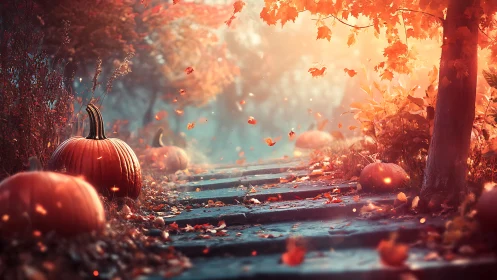 Digital painting of autumn path with pumpkins and bokeh light.