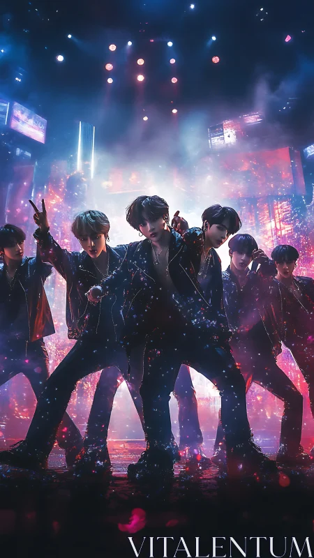 Neon-lit boy band performance under cinematic stage haze.