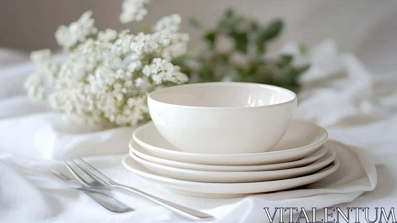 Stacked ivory ceramic tableware with soft-focus floral bokeh.
