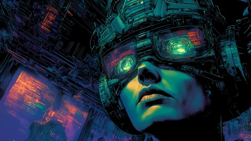 Neon dreamer explores a glowing cyberpunk datascape.