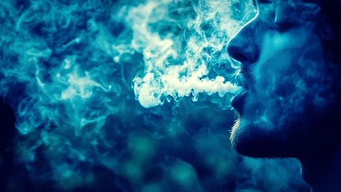 Electric blue profile exhaling thick swirling smoke clouds.
