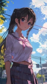 Sunlit anime schoolgirl pauses under a bright summer sky