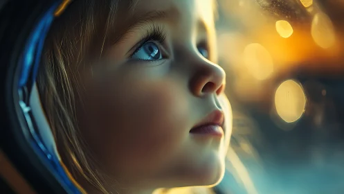 Girl's Profile Gaze: Luminous Blue Eyes Against Bokeh Lights.