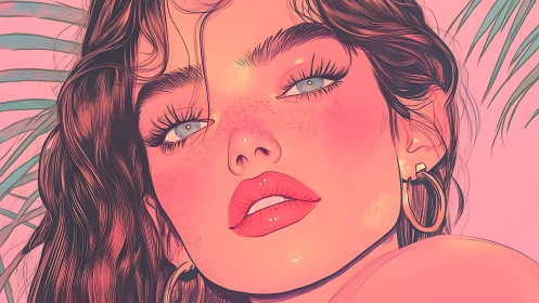 Close portrait shows stylized woman under soft pink light