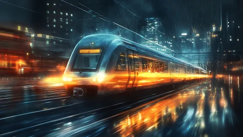 Electric commuter train on wet city tracks at night.