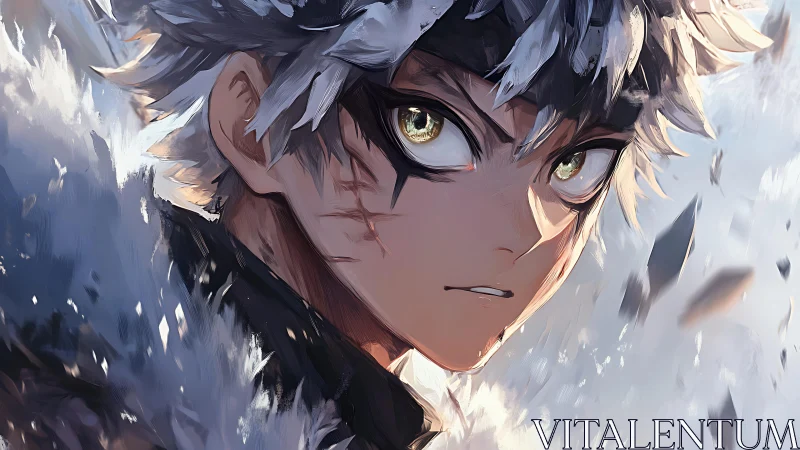 Intense silver haired anime hero with golden eyes portrait.