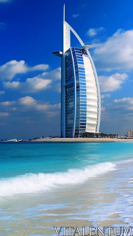 Sail-shaped coastal skyscraper viewed from sandy shoreline.