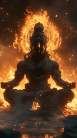 Fiery meditative deity emerges from molten spiritual flame