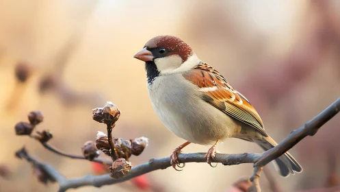Close-up of a House Sparrow on Branch, Soft Natural Light Photo.
