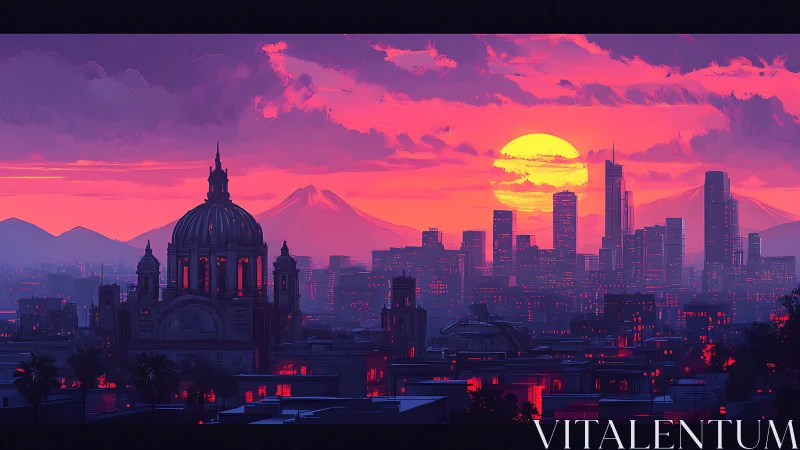 Digital skyline with domed cathedral under stylized sunset light