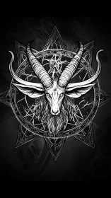 Goat skull with curved horns centered in ornate occult sigil