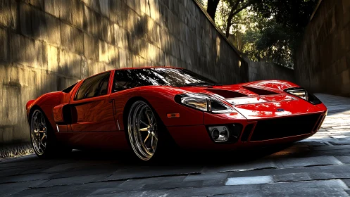 Photorealistic low-angle render of red supercar in sunlit alley.
