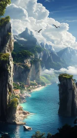 Coastal Cliffs Meet Turquoise Sea Under Dramatic Sky.