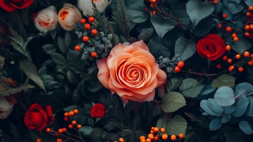 Coral Rose Focal Study with Hypericum and Eucalyptus Layering.