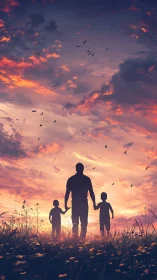 Father and children walk through wildflower field at sunset.