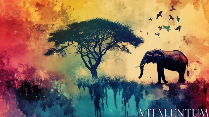 Color-splashed savanna scene with elephant and birds.