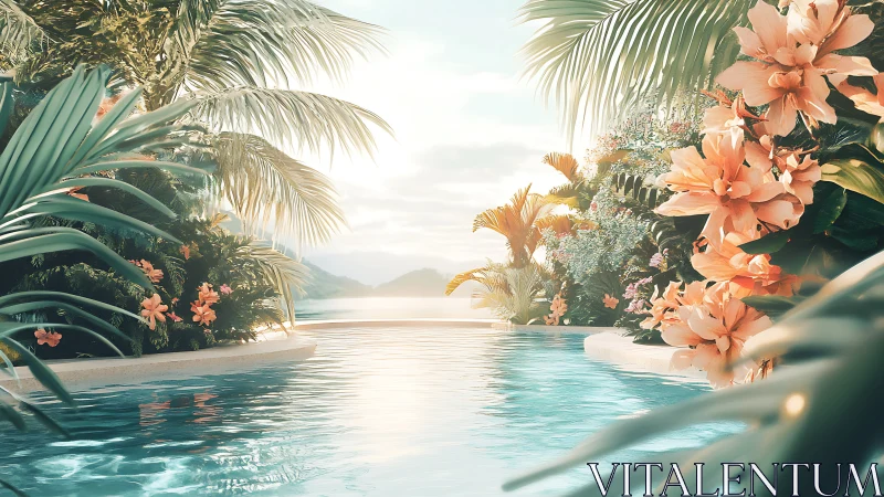 Tropical infinity pool framed by dense florals under soft hazy light