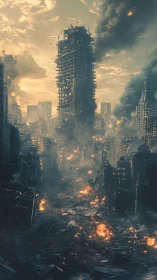 Skyline in ruins under a bruised and burning evening sky.