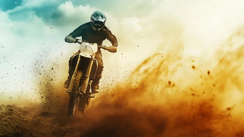 Dust storm rider carving light through blazing dirt clouds.