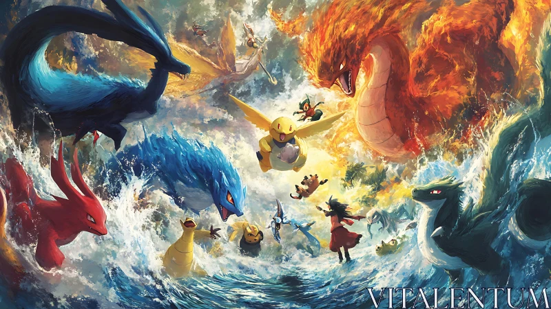 Elemental storm clash of legendary creatures and brave trainer.