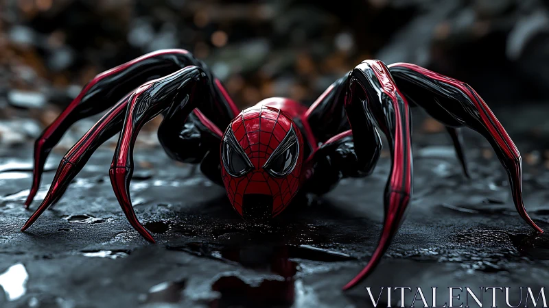 Spider-hero hybrid crawls boldly across a wet urban ground