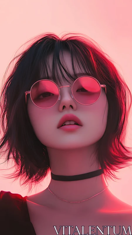 Stylish woman in pink sunglasses against soft neon light.