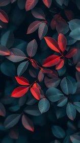 Red and teal leaves with selective color contrast pattern.