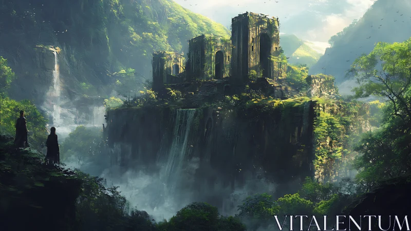 Ancient jungle citadel over waterfalls and misted gorge.