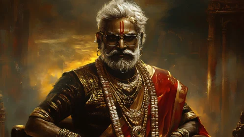 Regal elder priest in gilded attire with dramatic temple lighting