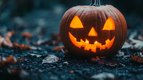 Jack-o’-lantern glow grins through a twilight leaf-strewn path.