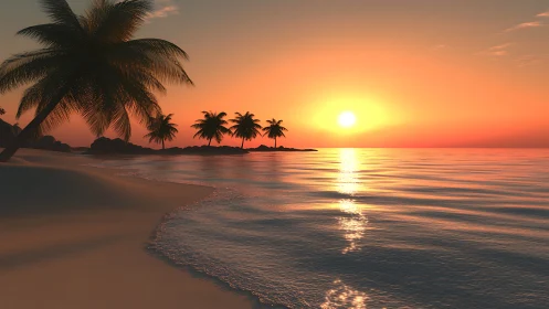 Tropical shoreline with palm trees at calm ocean sunset.