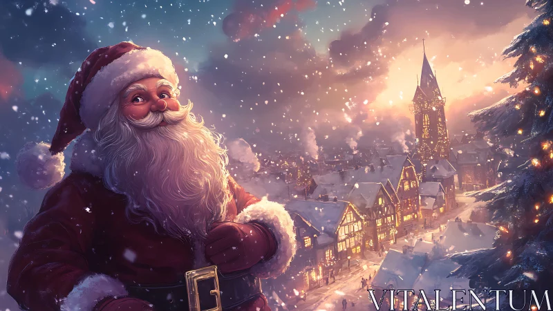 Joyful Santa watches a glowing snowy village celebrate