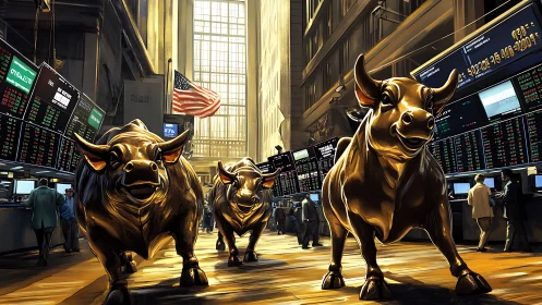 Golden bull statues dominating busy stock exchange floor.