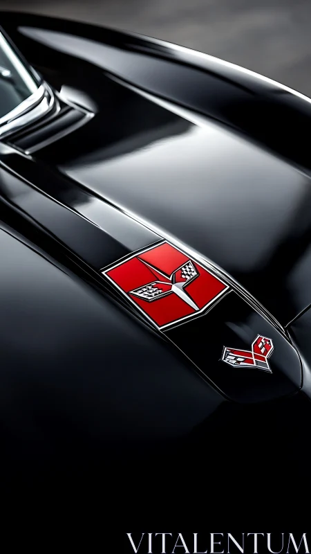 Close-up of classic Corvette hood emblem on gloss black body