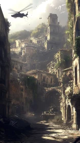 War machines prowl through sunlit ruins of a fallen city