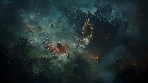 Shadowy cathedral courtyard welcomes brave late‑night wanderers