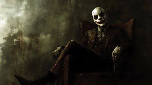 Seated masked figure in distressed suit against grunge wall