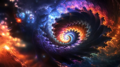 Spiral fractal vortex forms glowing multicolored cosmic tunnel