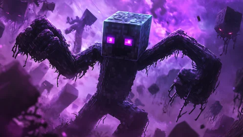 Giant pixelated monster in purple stormy digital void.