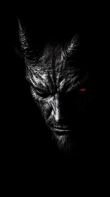 Shadowed horned figure with piercing red eyes in darkness.