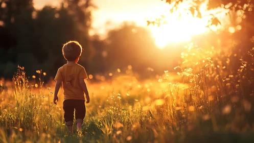 Golden hour stroll of a child through glowing meadow fields.