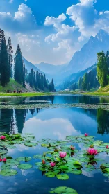 Mountain lake reflects lilies and pines under bright sky