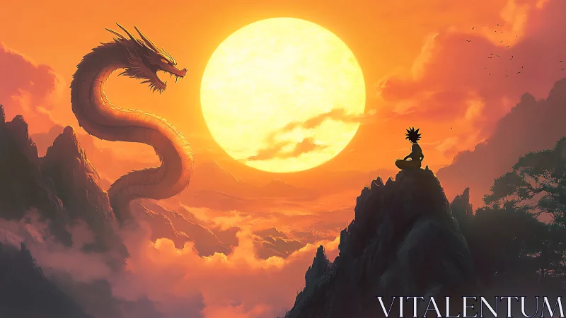 Sun-forged summit duel between serpent dragon and lone hero.