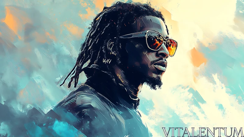 Stylized portrait shows man in sunglasses against radiant sky
