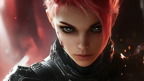 Fierce pink‑haired cyber warrior in molten light focus.